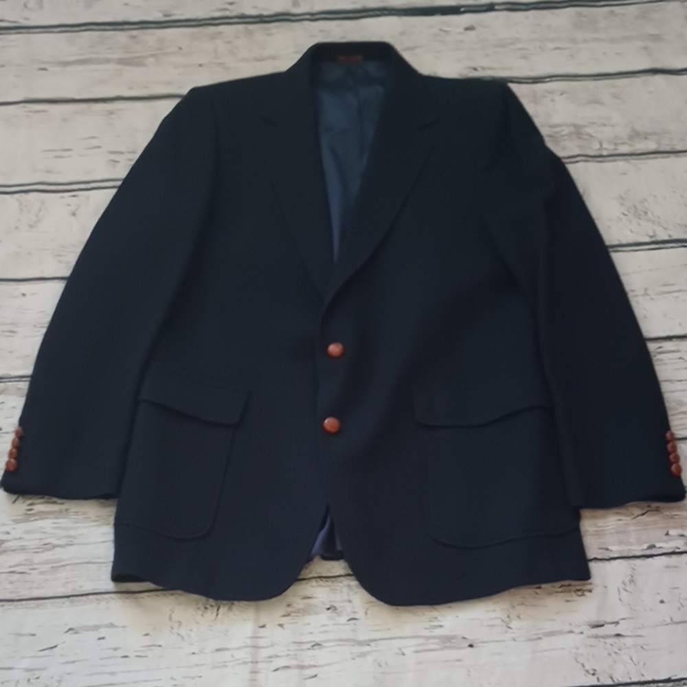 Imperial Hagger Blue Wool Leather Button Blazer 42 L
